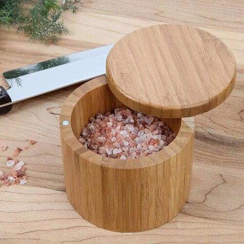 Spice Jar Wooden Round Natural Bamboo Salt Box Container Modern Kitchen Storage Case with Magnet Lid Herb Spice Tools