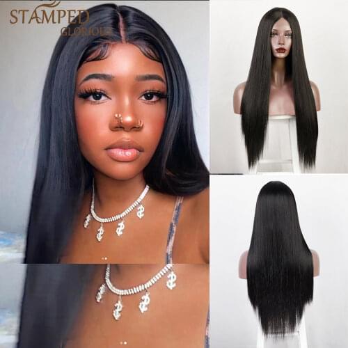 Stamped Glorious Long Straight Synthetic T-Part Lace Wigs for Women Middle Part Black Lace Wig Heat Resistant Cosplay Wig
