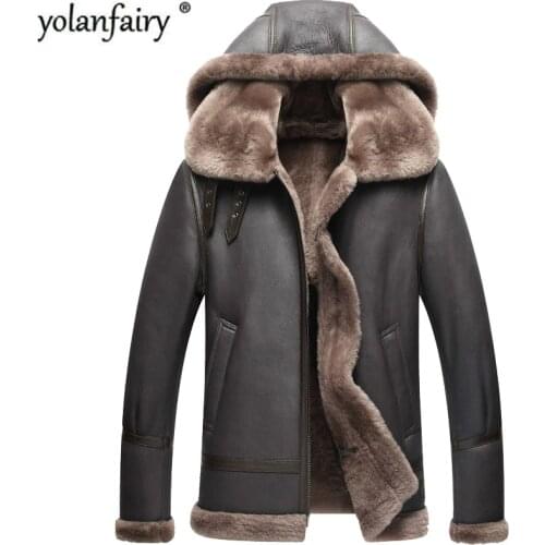 Genuine Leather Jacket Winter Jacket Men Real Sheepskin Coat for Men Natural Lamb Fur Flight Bomber Jackets Plus Size 710 MY2017