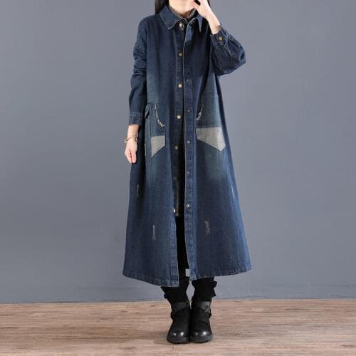 New Long-sleeved Denim Jacket Long Section 2020 Spring Single-breasted Casual Vintage Straight Women Windbreaker Outerwear r180