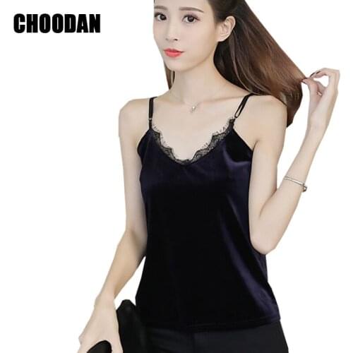 Velour Tank Tops Lace Patchwork Camisole Tank Fashion Summer 2018 New Sexy V-neck Sleeveless Women Tops Velvet Fitness Clothing
