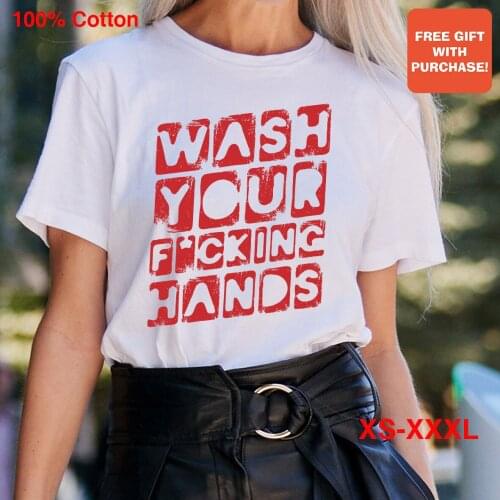 BLINGPAW Minimalist Women Graphics T-shirt Wash Your Hands Short-sleeved Tops Tees O-Neck Casual Large Size 100% Cotton