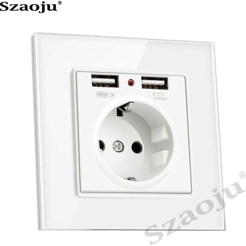 Szaoju wall socket Dual USB 2.1A wall charger socket, German Bayer base 16A AC 110-250V Schuko F plug, tempered glass panel