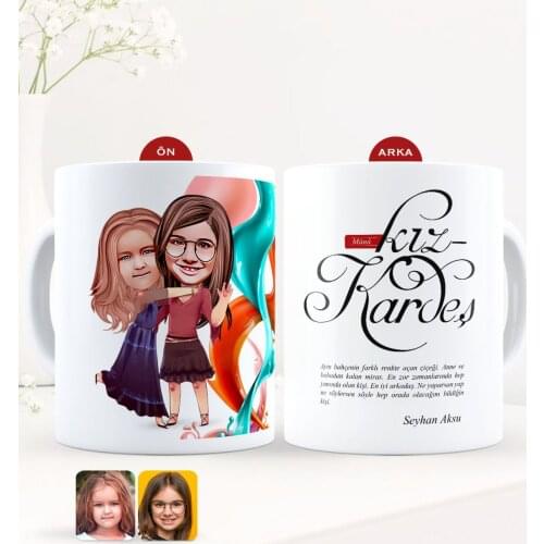 Personalized Caricature Of Sisters White Mug Bardak-6