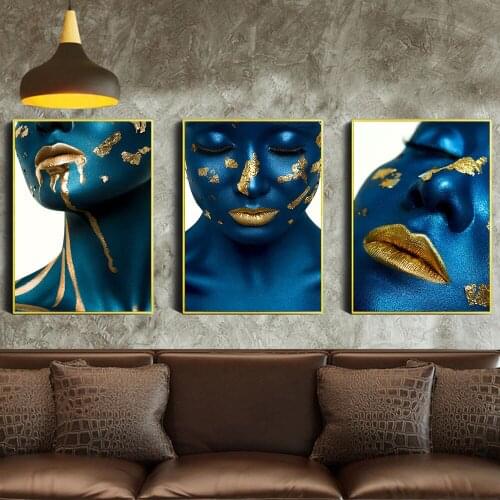 Sexy Blue Woman Canvas Painting African Gold Girl Portrait Posters and Prints Pictures Wall Art for Living Room Decor Cuadros