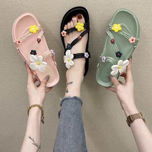 Summer New Slides Small Daisies Thick Bottom Drag Outer Wear Non-Slip Leisure Beach Shoes Large Size Low (1cm-3cm) Solid Slipper