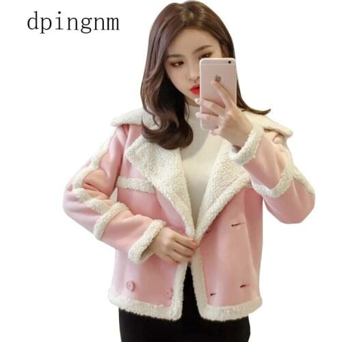 Loose lamb faux fur jacket coats women winter double breasted plush teddy bear coat warm fur overcoat veste fourrur