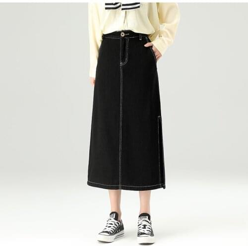 A Line Black Korean Skirt Plus Size High Waist Long Skirts For Women Denim