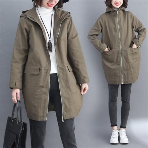 2021 Spring Autumn New Plus Size Tooling Trench Coat Womens Mid-Length Overcoat Casual Slim Waist Hooded Windbreaker Outerwear
