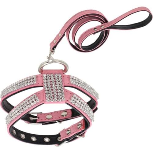 Rhinestone Pet Dog Harness Leash Set for Small Medium Dogs Cat Puppy Vest Suede Fabric Adjustable Pet Harness Leather Chihuahua