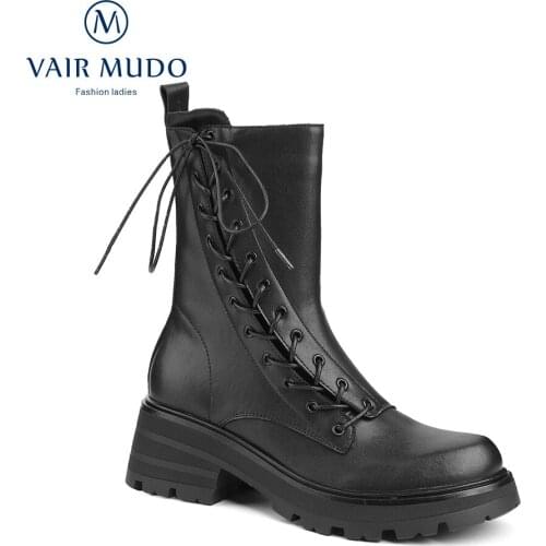 VAIR MUDO Women Ankle Boots Thick Bottom Round Toe Lace Up Black White Elegant Fashion Boots Shoes Women Autumn Winter WM-X128-C