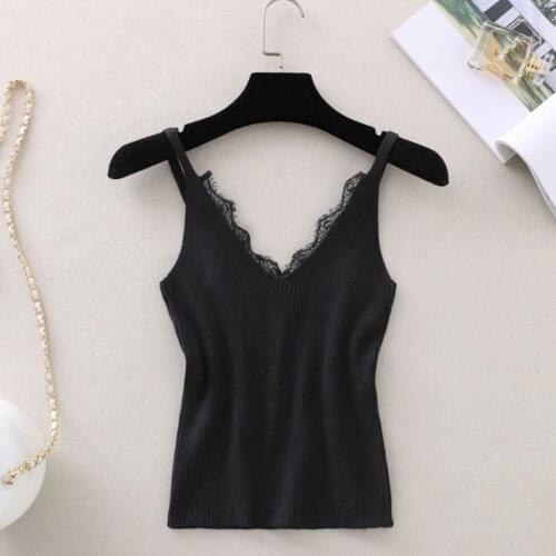 Women Hook Flower Lace Tank Solid Color Stitching V-neck Camis Female Knitted Short Slim Sleeveless Shirt Tank Casual Tops #y