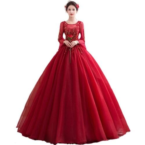 Vestidos 2020 Fashion Wine Red Quinceanera Dresses Full Sleeve Lace Appliques Party Prom Ball Gown Vestidos De 15 Host Dress