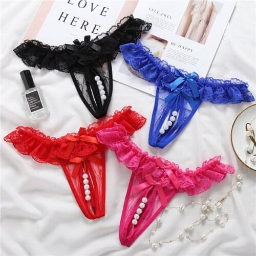 Sitonjwly Ladies Open Crotch Underwear Panties for Women Lace G Strings with Pearls Sexy Thongs Ladies Perspective Lingerie