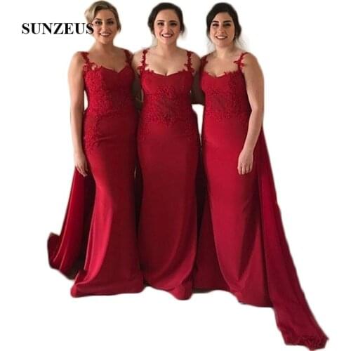 Red Satin Bridesmaid Dresses with Chiffon Flutter Lace Appliques Womens Party Dresses Sweetheart vestido boda invitada SBD103