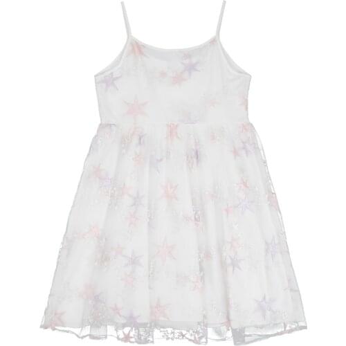 2019 Summer Cute Womens Star Mesh Embroidery Dress Loose Spaghetti Strap Two Layers Lolita Dress One Piece