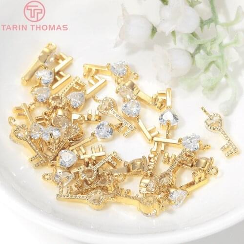 4PCS 5x15MM 24K Gold Color Brass and Zircon Heart Key Charms Pendants High Quality Diy Jewelry Findings Accessories