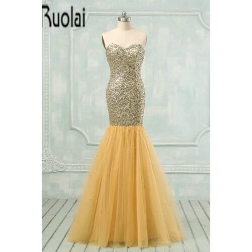 2017 Real Sample Tulle Mermaid Evening Dresses Sweetheart Sleeveless Crystal Sequined Lace Up Back Evening Gown Custom Made