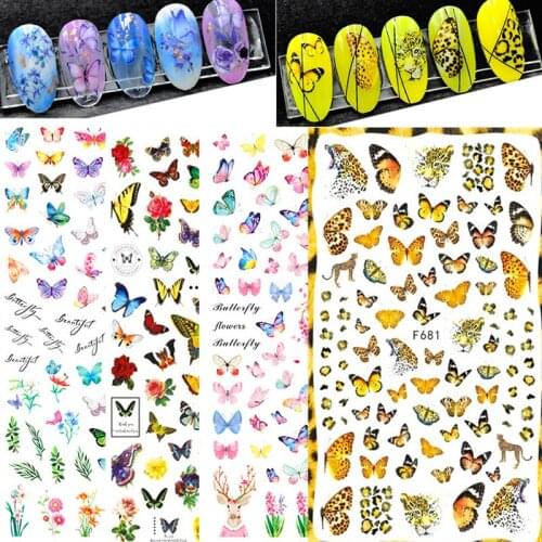 3D Laser Butterfly Nail Stickers Gradient Colorful Butterfly Rose Hydrangea Nail Sliders Decal For Manicure DIY Nail Decoration