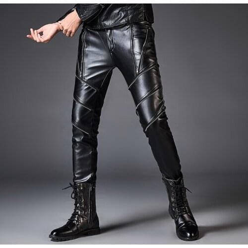 PU Faux Leather Pants For Men Brand Black Fashion Motorcycle Streetwear Punk Hip HOP Bike Trouesr