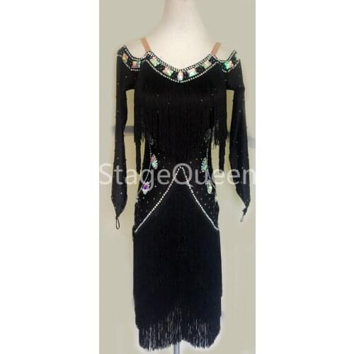 Black Tassels Professional Latin Dance Dress Women Luxury Fringe Rhinestones Dresses For Girls Latin Competition Dance Dress
