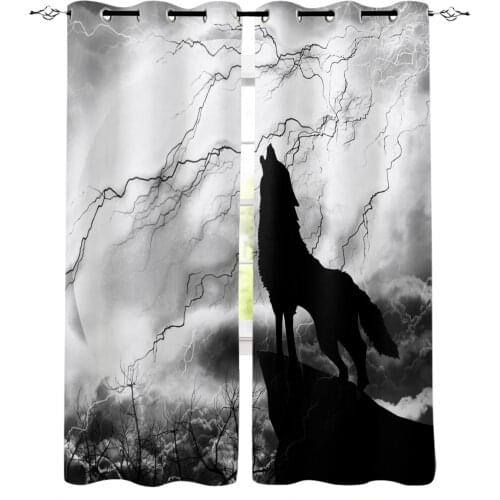 Black Wolf Night Lightning Wild Animal Windows Curtains Living Room Bedroom Kitchen Curtains Children Drapes Window Treatments