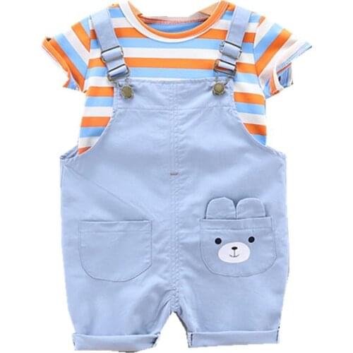 Summer Children Cotton Baby Boy Girl Clothes Cartoon Stripe T Shirts Bib Shorts 2Pcs/sets Infant Kids Fashion Toddler Tracksuits