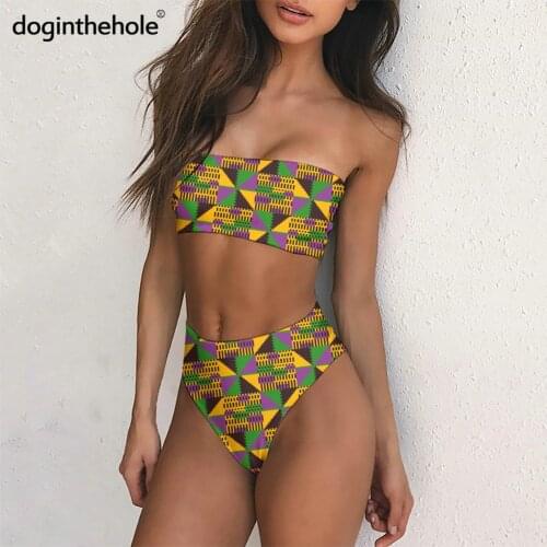 Doginthehole Women Sexy Bikini Summer Fashion Strapless Swimsuit Tranditional African Print Beachwear for Girls Bathing Suit
