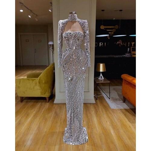 Elegant High Neck Mermaid Evening Dress Long Sleeves Floor-Length Beaded Sequins Prom Dress Middle East Saudi Arabia Formal
