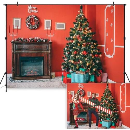 Christmas Fireplace Backdrop Christmas Trees Indoor Scene Red Wall New Year Party Photo Background for Photographic Studio