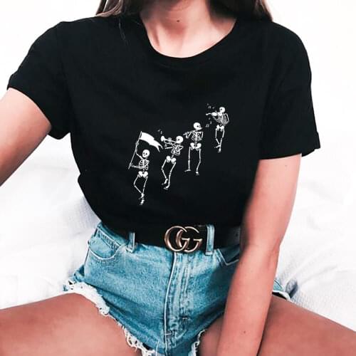 Music Skeleton Print 100%Cotton Women Tshirt Unisex Funny Summer Casual Short Sleeve Top Halloween Party Shirt Holiday Gift