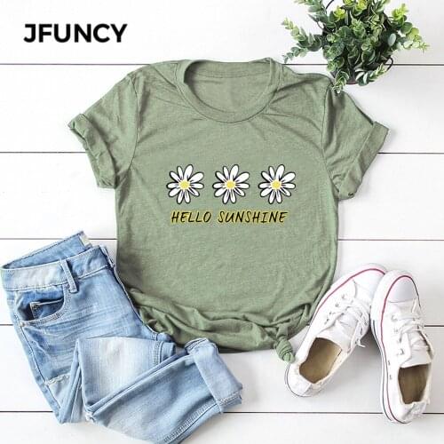 JFUNCY Hello Sunshine New Sunflowers T-shirts Women Summer Cotton Tee Shirts Woman Short Sleeve Tops Plus Size Casual T Shirt