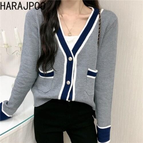 Harajpoo Women Cardigan Korean Style Knitwear Spring Fall New Long Sleeve Sweater Jacket Outer Wear V Neck Versatile Loose Tops