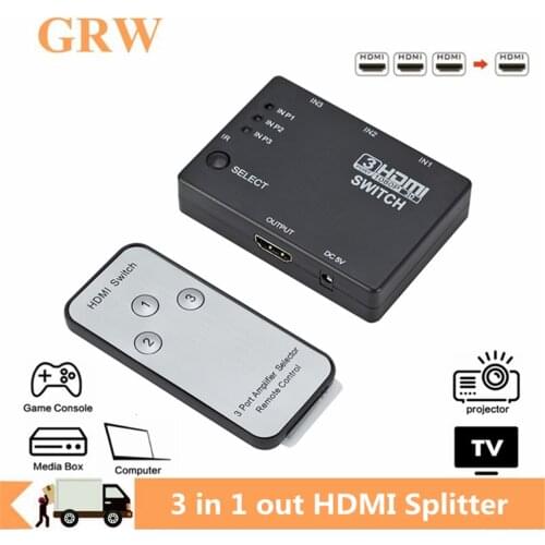 GRWIBEOU HDMI Switcher 3 In 1 Out 3 Ports Hub Box Auto Switch 1080p HD 1.4 With Remote for HDTV XBOX360 DVD Projector