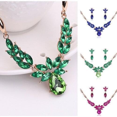 Green Blue Jewelry Sets Flower Water Drop Pendant Necklace Earrings Jewelry Set Women Bridal Wedding Party Costume Accessories