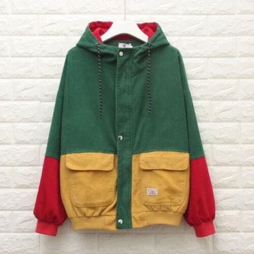 Women Unisex Color Block Patchwork Corduroy Hooded Jacket Hip Hop Coat Oversized