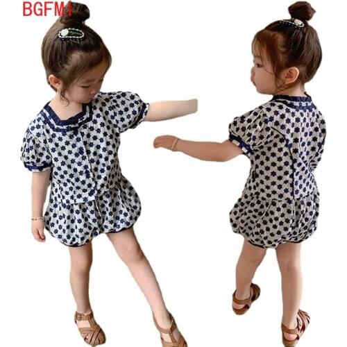 Girl baby Summer Clothes New Kid Childrens clothing Single-breasted Printed short-sleeved T-shirt + Lantern shorts 2-pcs set