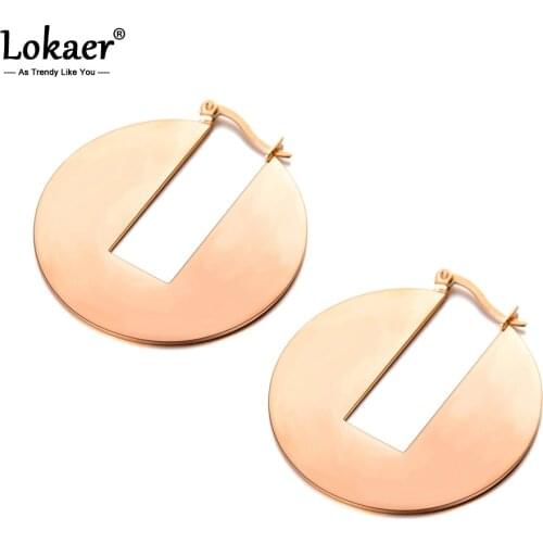 Lokaer Round Shape Rectangular Notch Earrings Punk Style Rose Gold Color Stainless Steel Party Anniversary Jewelry E18071
