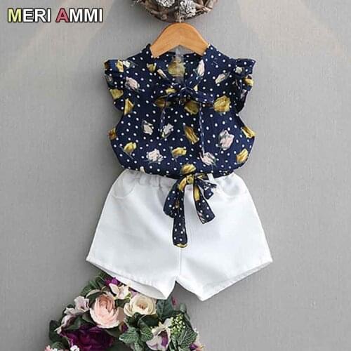 MERI AMMI 2 pcs Outfit Set Children Girl Clothing Summer Chiffon Tee +Bowknot White Shorts Outwear For 2-7 Year Baby Girl