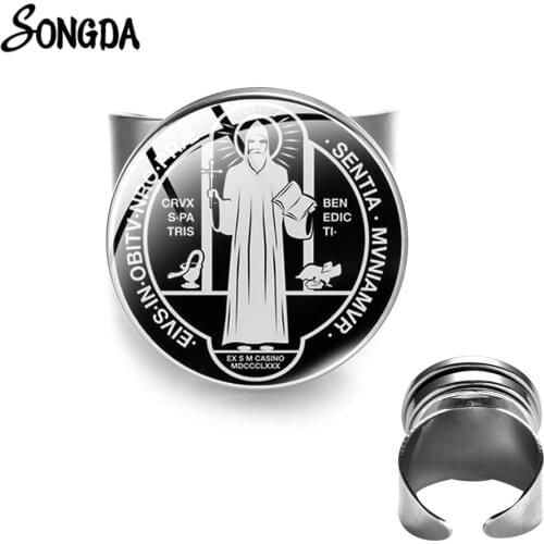 New Saint Benedict Exorcism Ring Catholic Religious St. Benedict Medal Cross CSPB Art Pattern Glass Cabochon Rings for Christian
