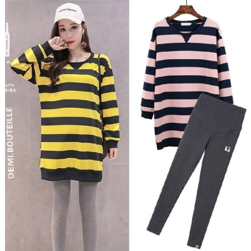 Maternity Clothes Suits Autumn Fashion Striped Long Sleeve Tops Solid Legging 2pcs Set for Pregnant Women Maternity Tshirt Set