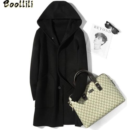 Boollili Real Wool Coat Autumn Winter Jacket Men Hooded Double-side Woolen Coat Streetwear Trench Coat