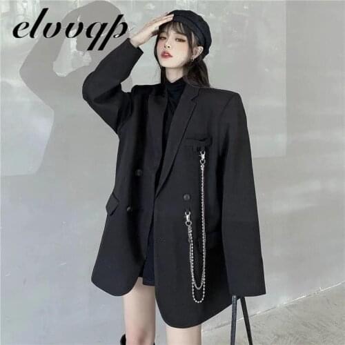 Womens Black White Long Blazer Double Breasted Suit Jacket Loose Oversize Coat Fashion Casual Solid Female Outerwear Chic Tops