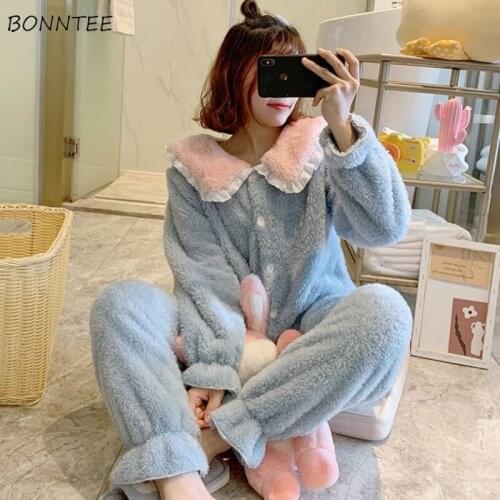 Pajama Sets Womens 2 Piece Winter Thicker Sweet Lovely Long Sleeve Ladies Sleepwear Korean Style Warm Casual Fashion Patchwork