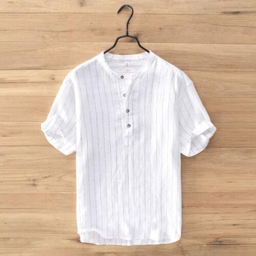 Mandarin Collar Pullover Striped 100% Linen Shirt Men Summer Breathable Short Sleeve Flax Shirt Men Camisas Para Hombre TS-661