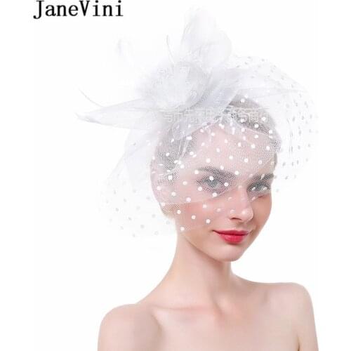 JaneVini Wedding Haarschmuck White Fascinator Feather Flower Bridal Hat with Veil Short 2021 Blue Wedding Hats for Women Elegant