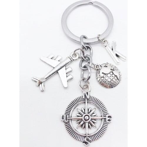 Trend Creative A-Z Letter Compass Airplane Earth Personality Keychain Travel Memorial Friendship Keychain Friends Gifts