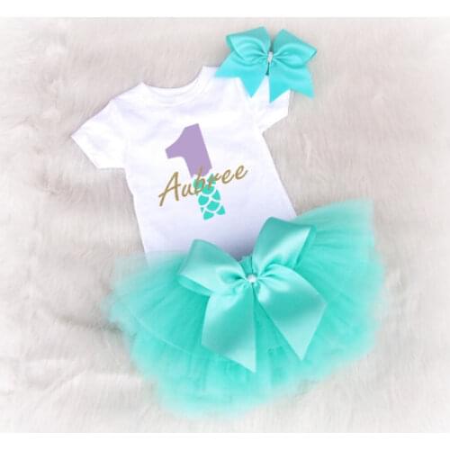 Personalize little mermaid aqua birthday bodysuit onepiece creeper shirt smash cake Tutu Dress romper Outfit Sets party gifts
