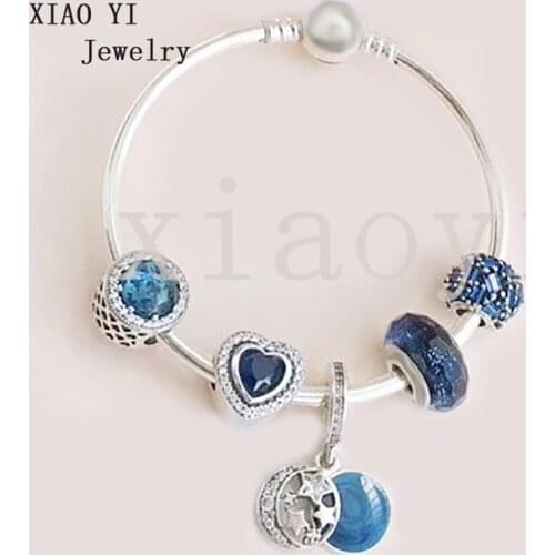 XIAOYI 2020 new 100% s925 Blue star moon love glass beads charm gentle high quality Bracelet surprise birthday gift female