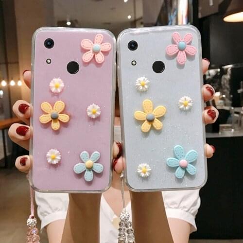 Y6 Prime 2019 3D Bloemen Glitter Phone Case For Huawei Honor 8A Transparante Bling Soft Tpu Back Cover
